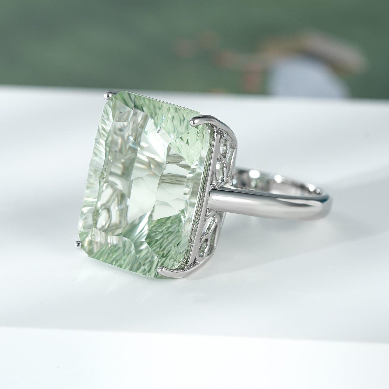 Dan Shaped Natural Green Amethyst Ring S925 Sterling Silver