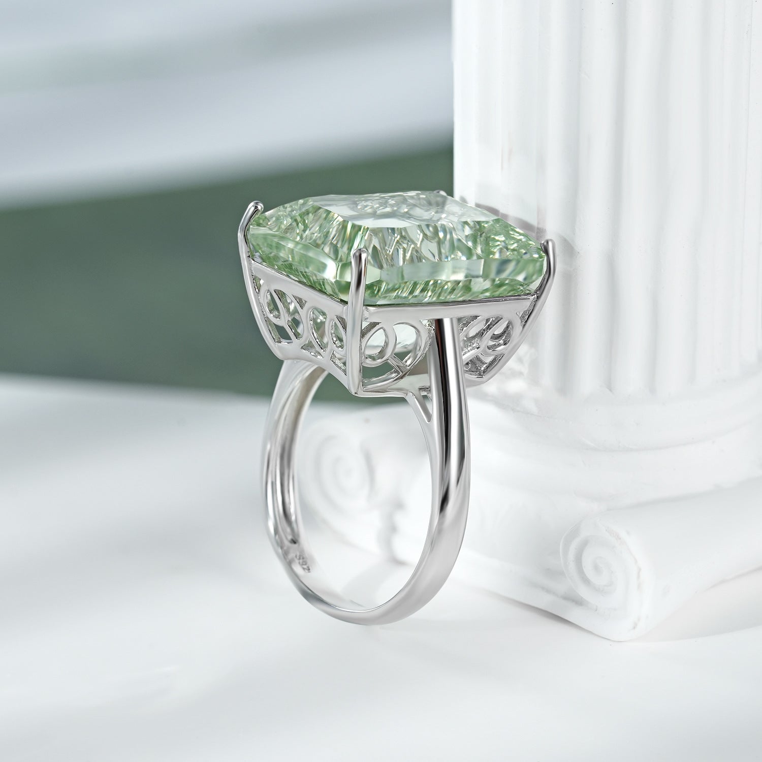 Dan Shaped Natural Green Amethyst Ring S925 Sterling Silver