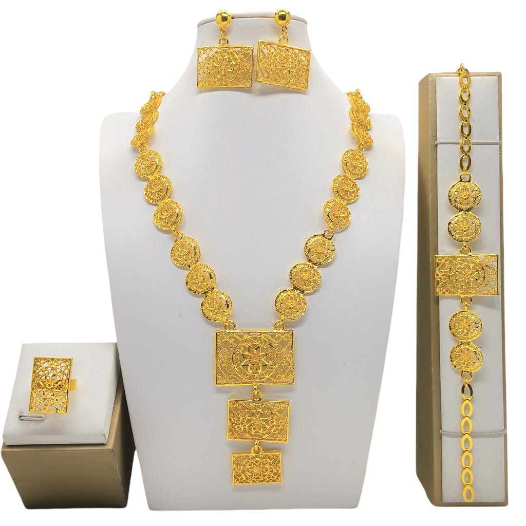 Gold Jewelry Suit Arabic Bridal Wedding Necklace Bracelet Earrings Ring